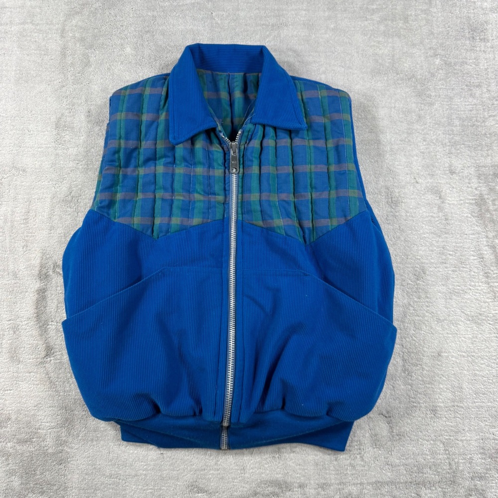 Little Peoples Practicals Vest Youth Medium Blue Corduroy Plaid Vtg 80s Western